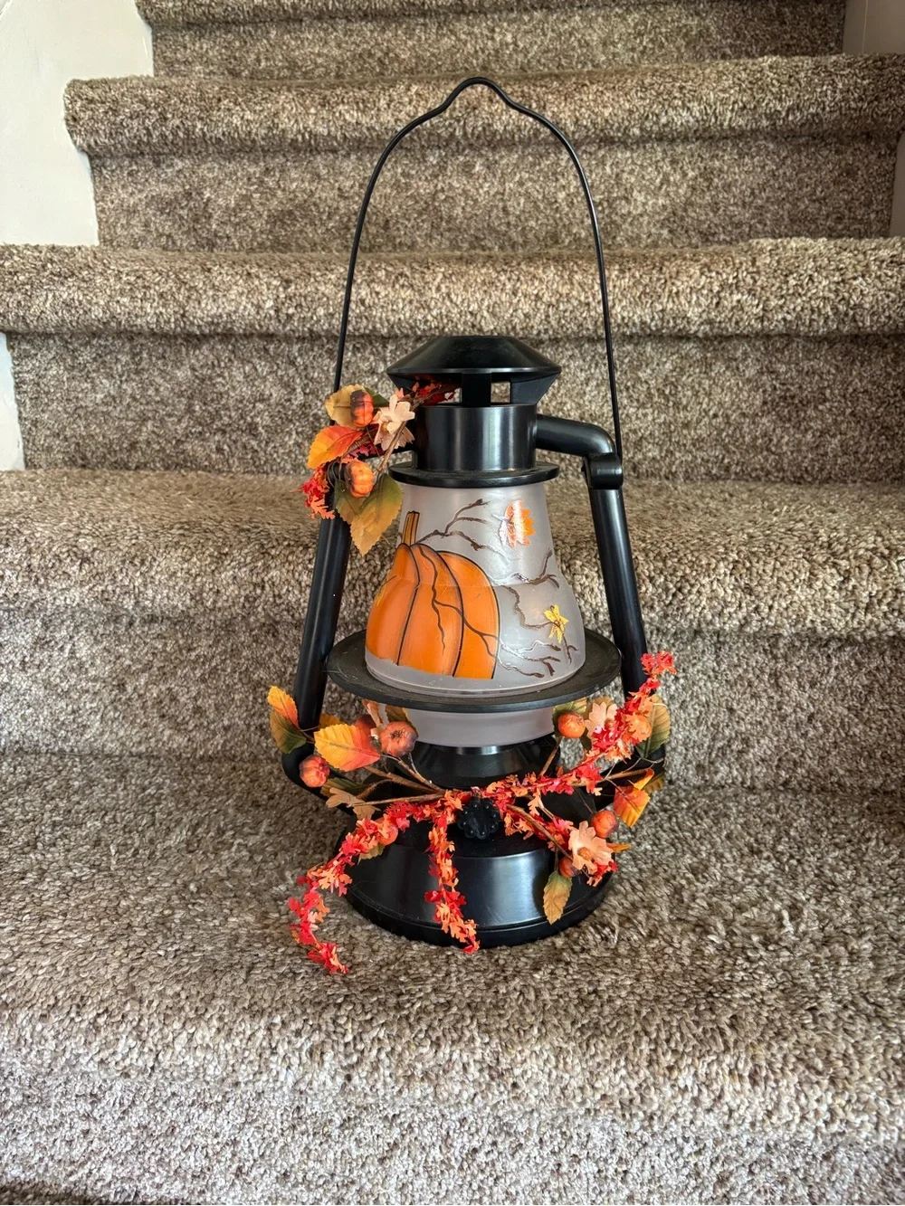 Black Lantern-Style Fall Accent Lamp with Orange Pumpkin Shade